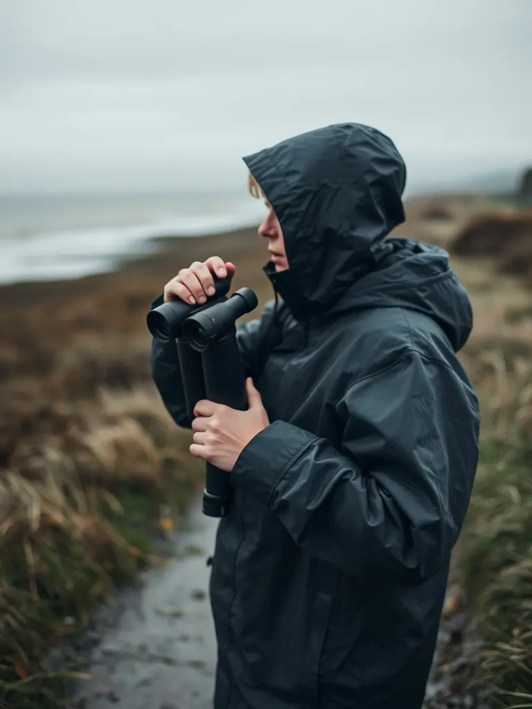 Portrait of a person in a waterproof coat with binoculars
