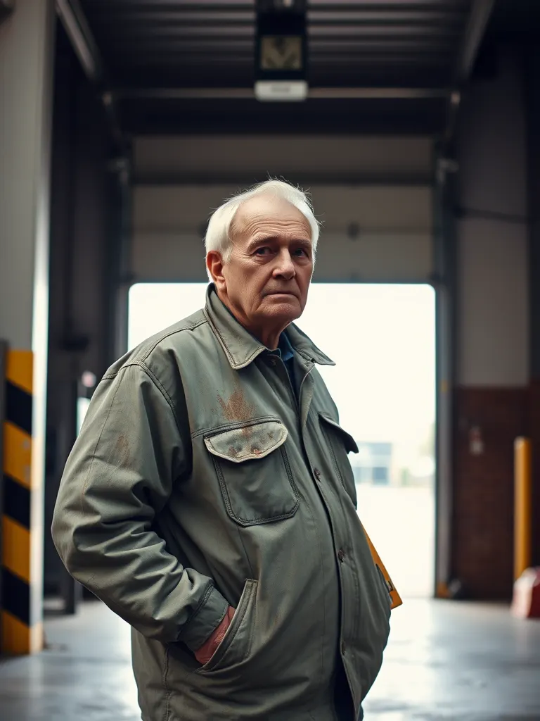 Portrait of a person in a work jacket standing by a loading door