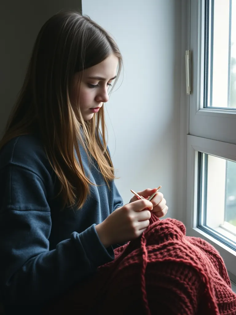 Portrait of a person with long hair holding knitting needles